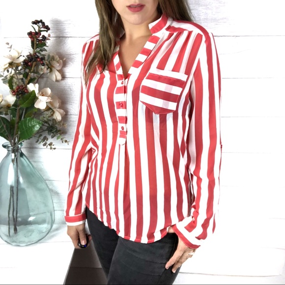 fun2fun Tops - FUN2FUN Coral & White Striped Long Sleeved Blouse